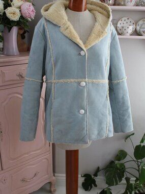 Vintage Y2k Powder Blue Faux Suede and Faux Shearling Coat Jacket With Hood XL